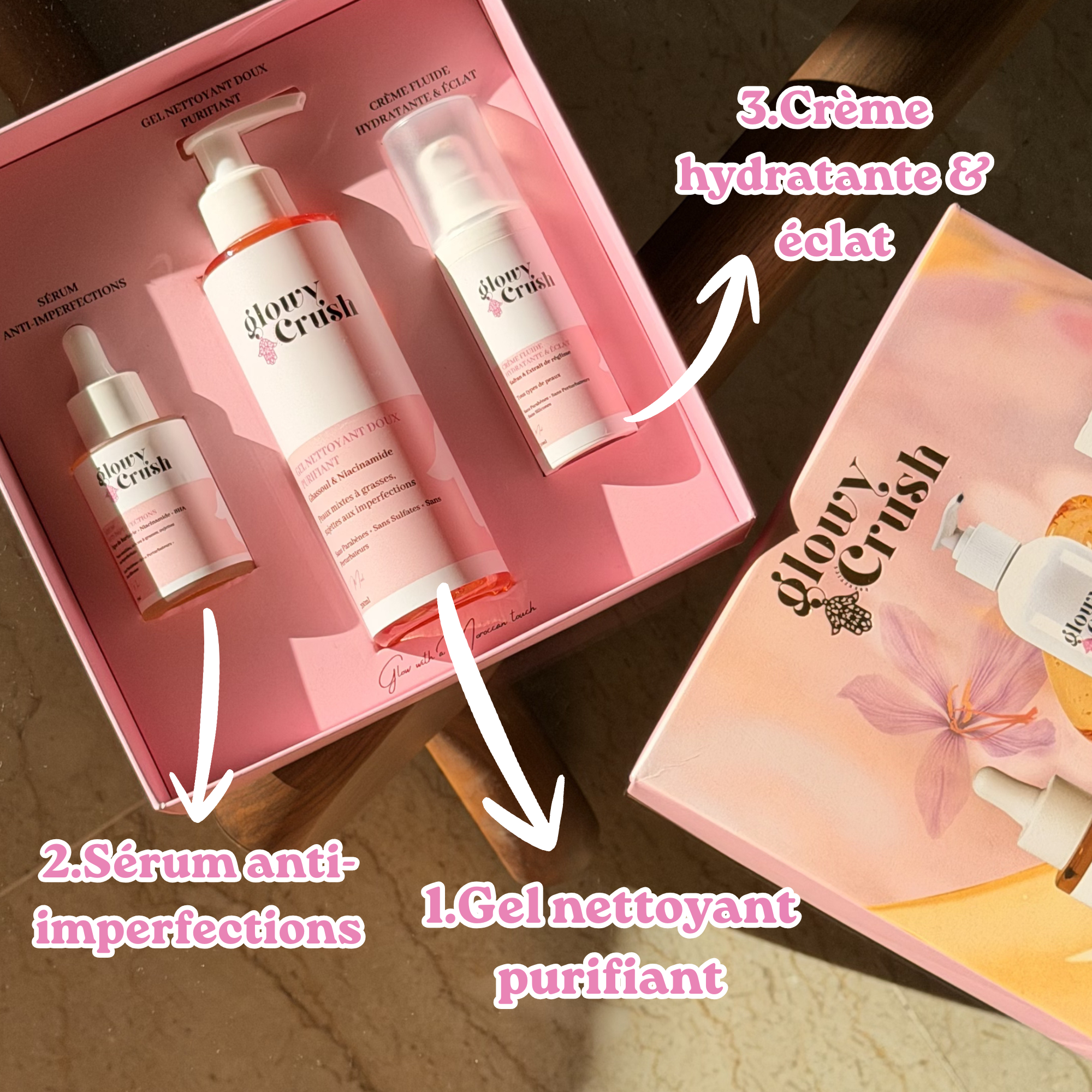Glowy Crush — Routine 3 étapes : Gel nettoyant, Sérum anti-imperfections, Crème hydratante